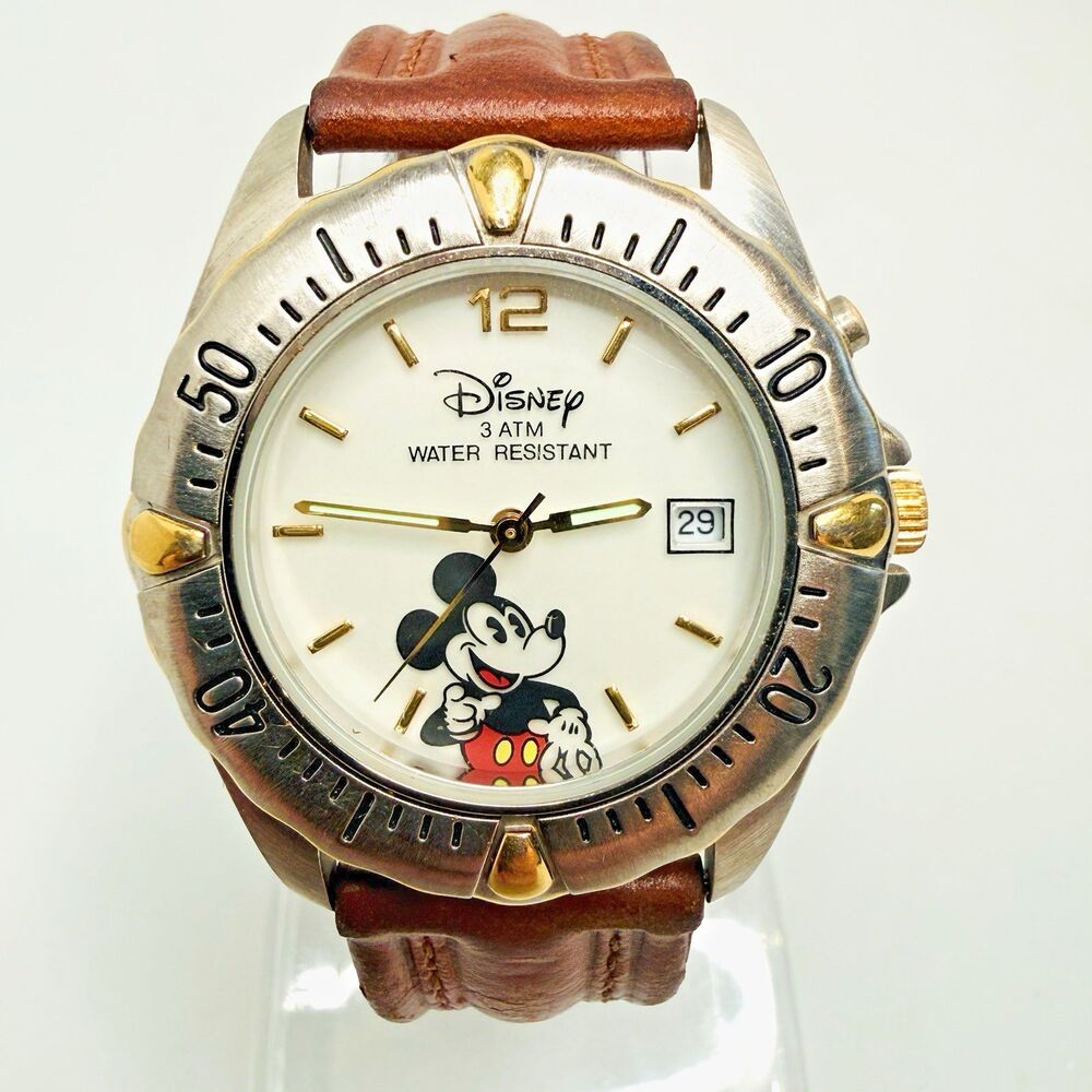 Disney Time Works Mickey Mouse 38mm Watch Indiglo Date Brown Leather Band EUC